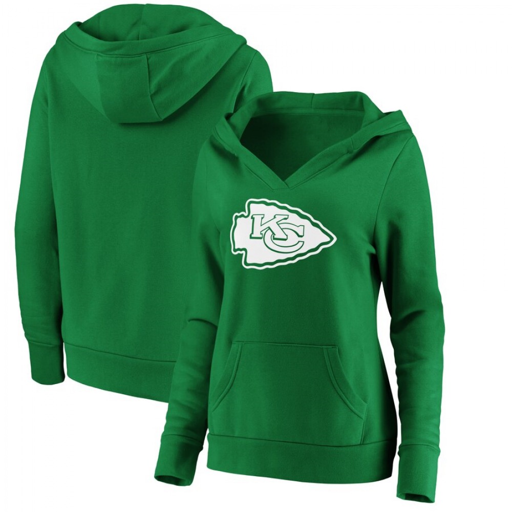 Women's Kansas City Chiefs Green St. Patrick's Day White Logo Pullover Hoodie(Run Small) 1