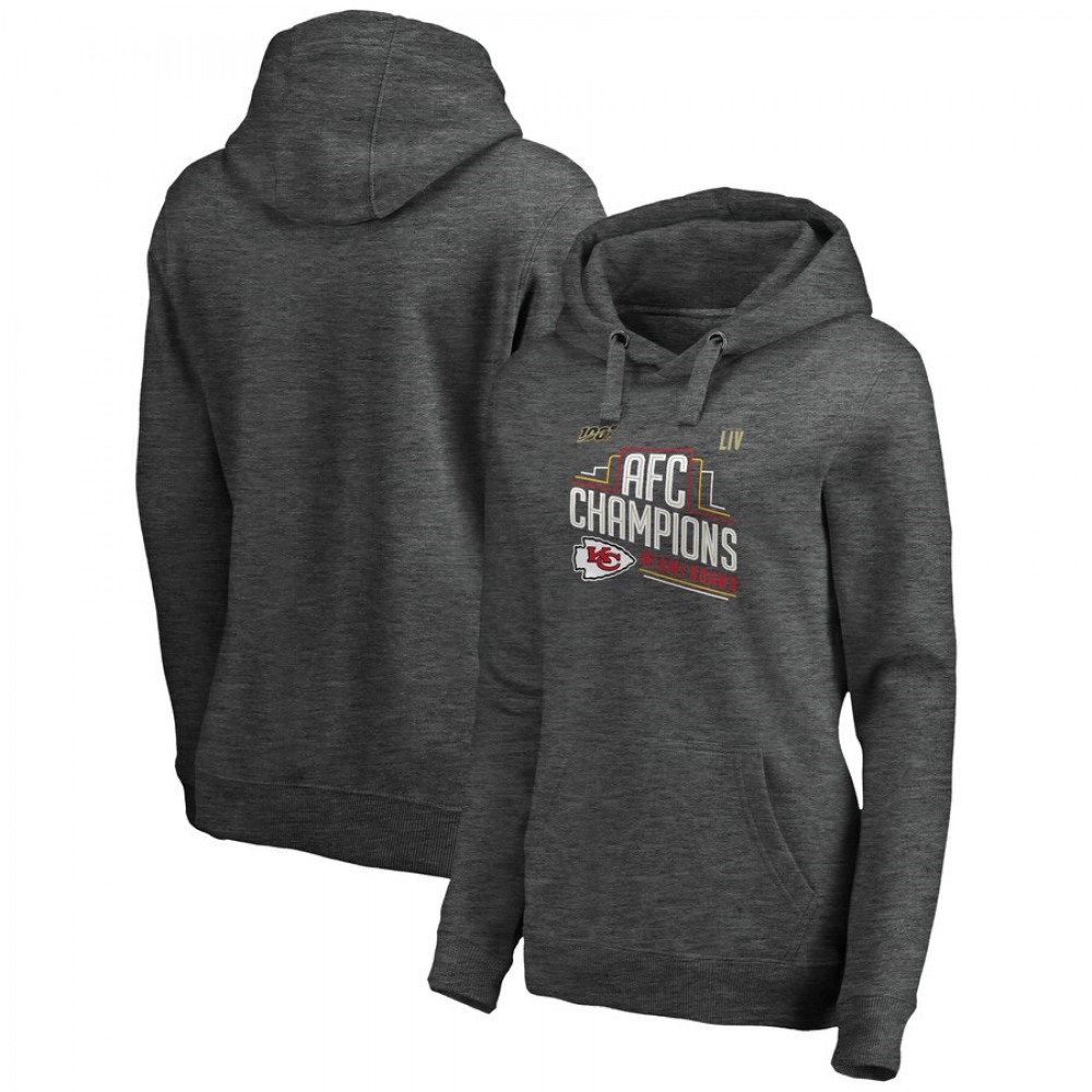 Women's Kansas City Chiefs Heather Charcoal 2019 AFC Champions Trophy Collection Locker Room Crossover V-Neck Pullover Hoodie(Run Small) 1