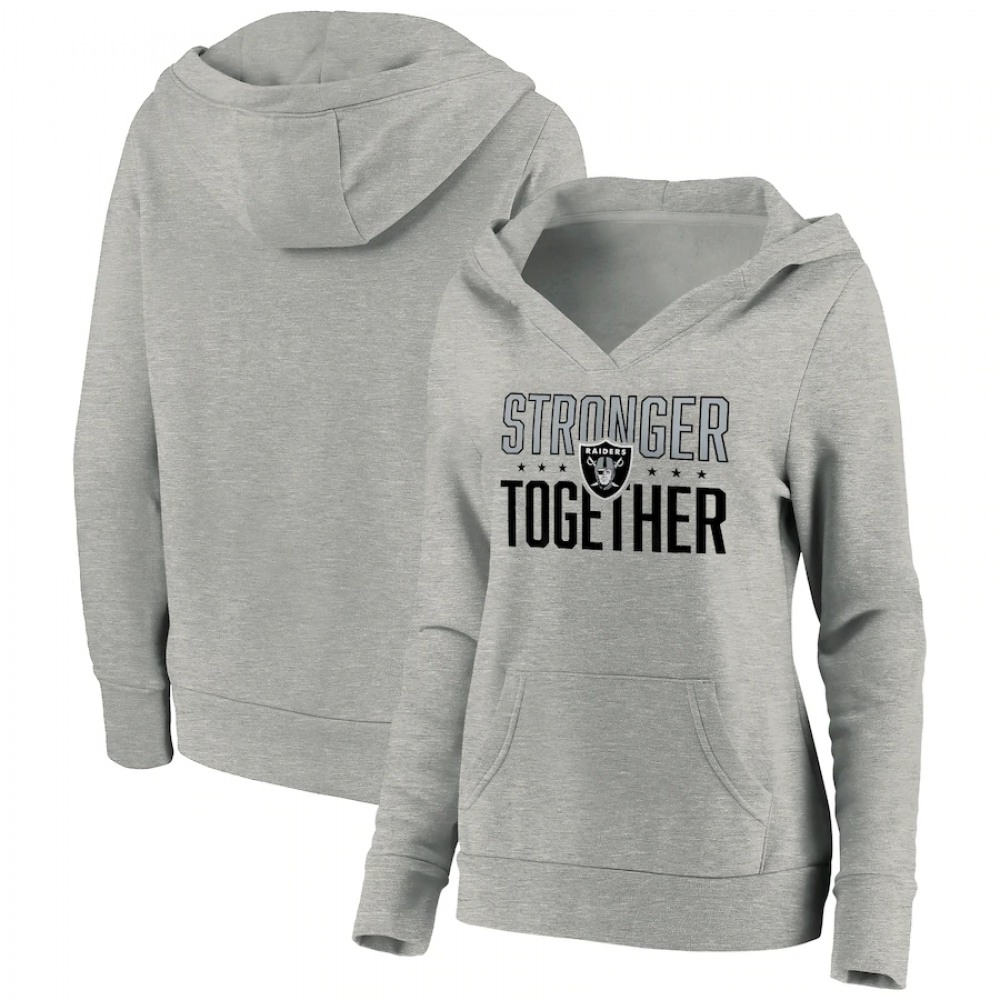 Women's Las Vegas Raiders Heather Gray Stronger Together Crossover Neck Pullover Hoodie(Run Small) 1