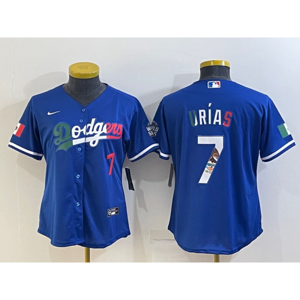 Women's Los Angeles Dodgers #7 Julio Urias Royal Mexico Cool Base Stitched Jersey(Run Small) 1