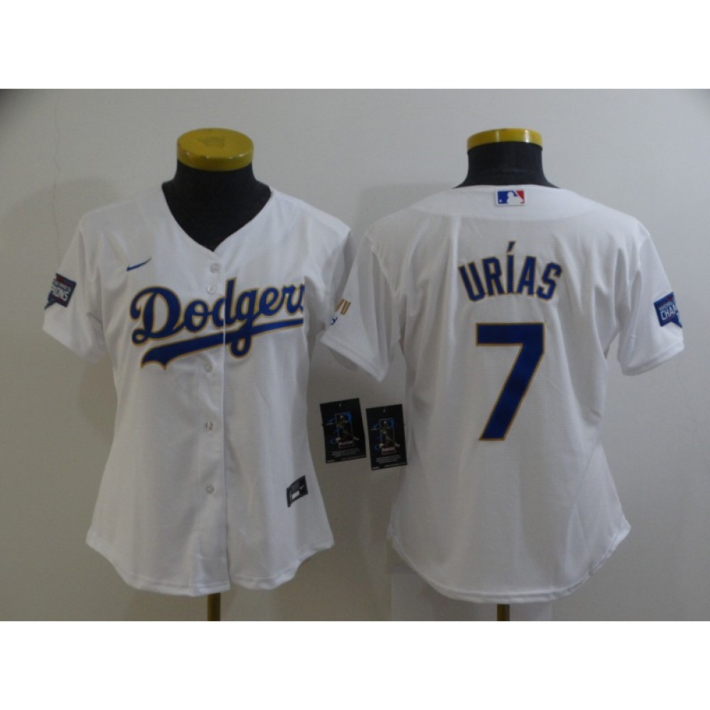 Women's Los Angeles Dodgers #7 Julio Urias White Gold Championship Cool Base Stitched Jersey(Run Small) 1
