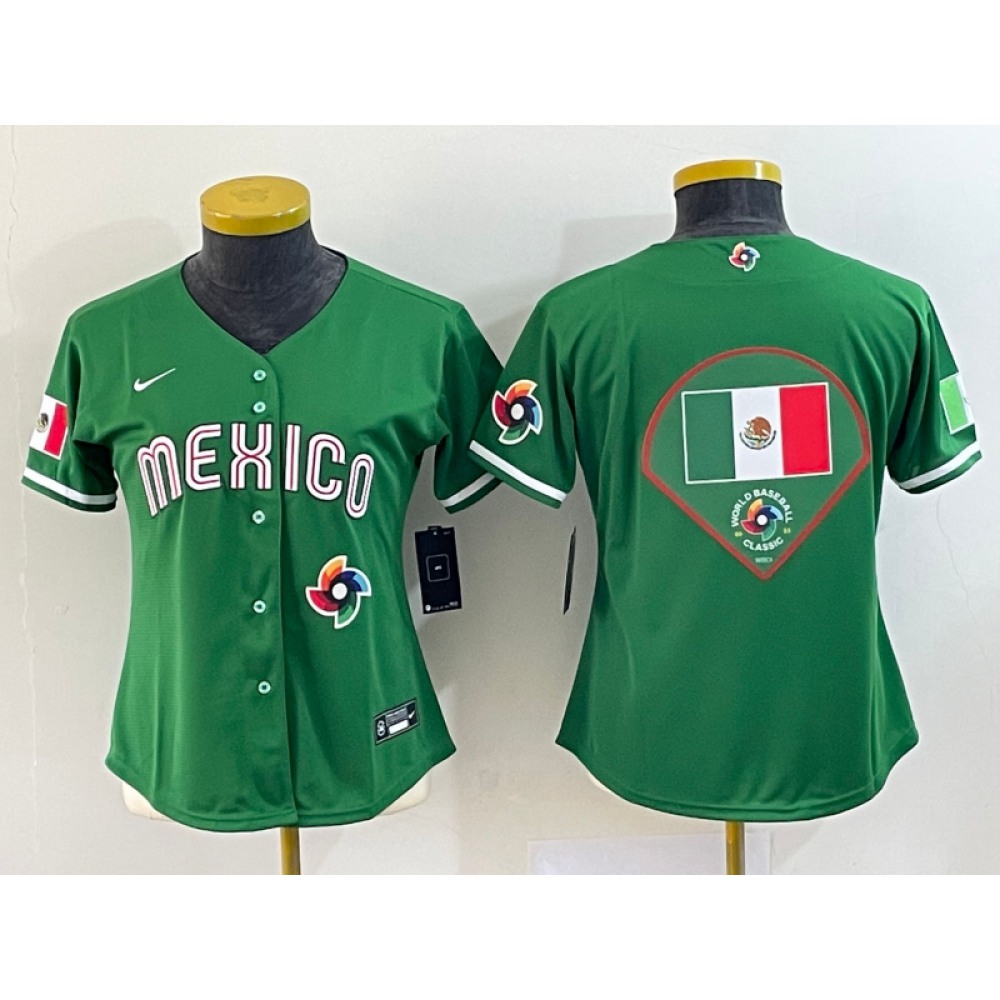 Women's Mexico Baseball 2023 Green Big Logo World Baseball Classic Stitched Jersey(Run Small) 1