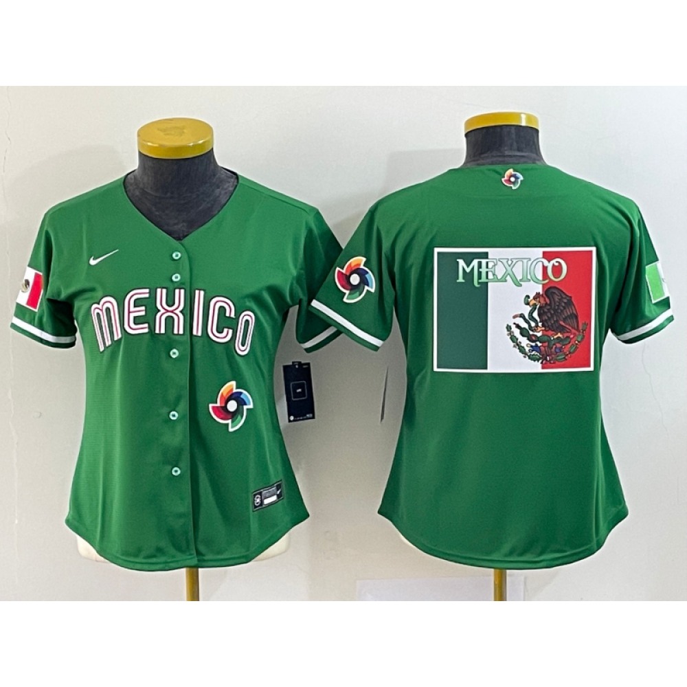 Women's Mexico Baseball 2023 Green Big Logo World Baseball Classic Stitched Jersey(Run Small) 1