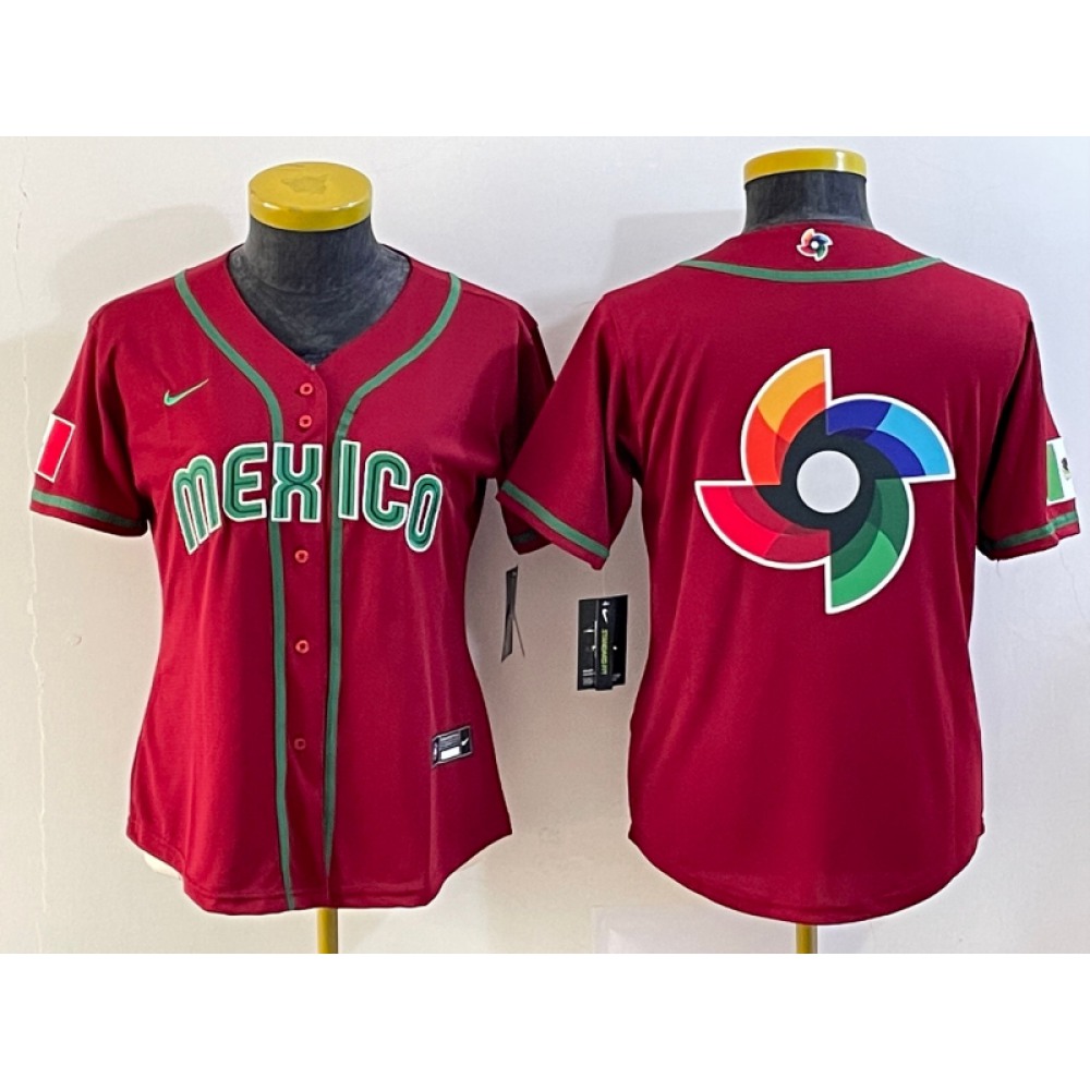 Women's Mexico Baseball 2023 Red Big Logo World Baseball Classic Stitched Jersey(Run Small) 1