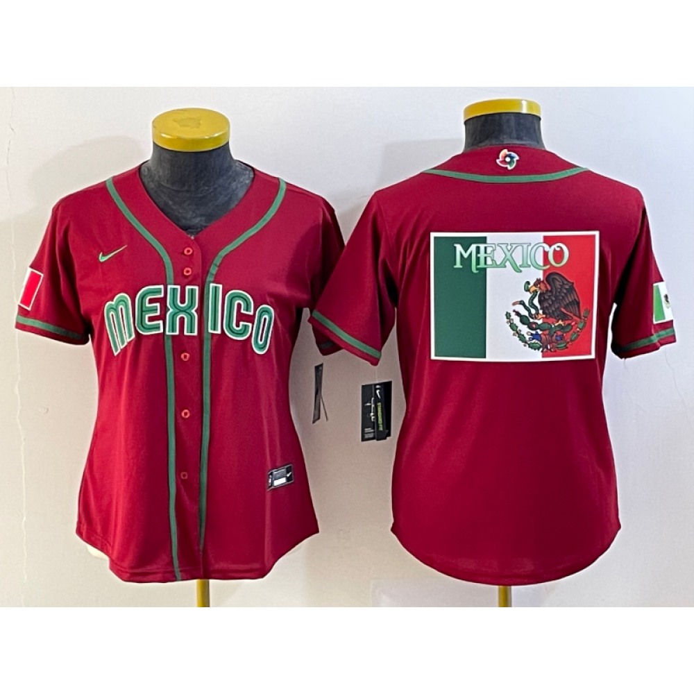 Women's Mexico Baseball 2023 Red Big Logo World Baseball Classic Stitched Jersey(Run Small) 1
