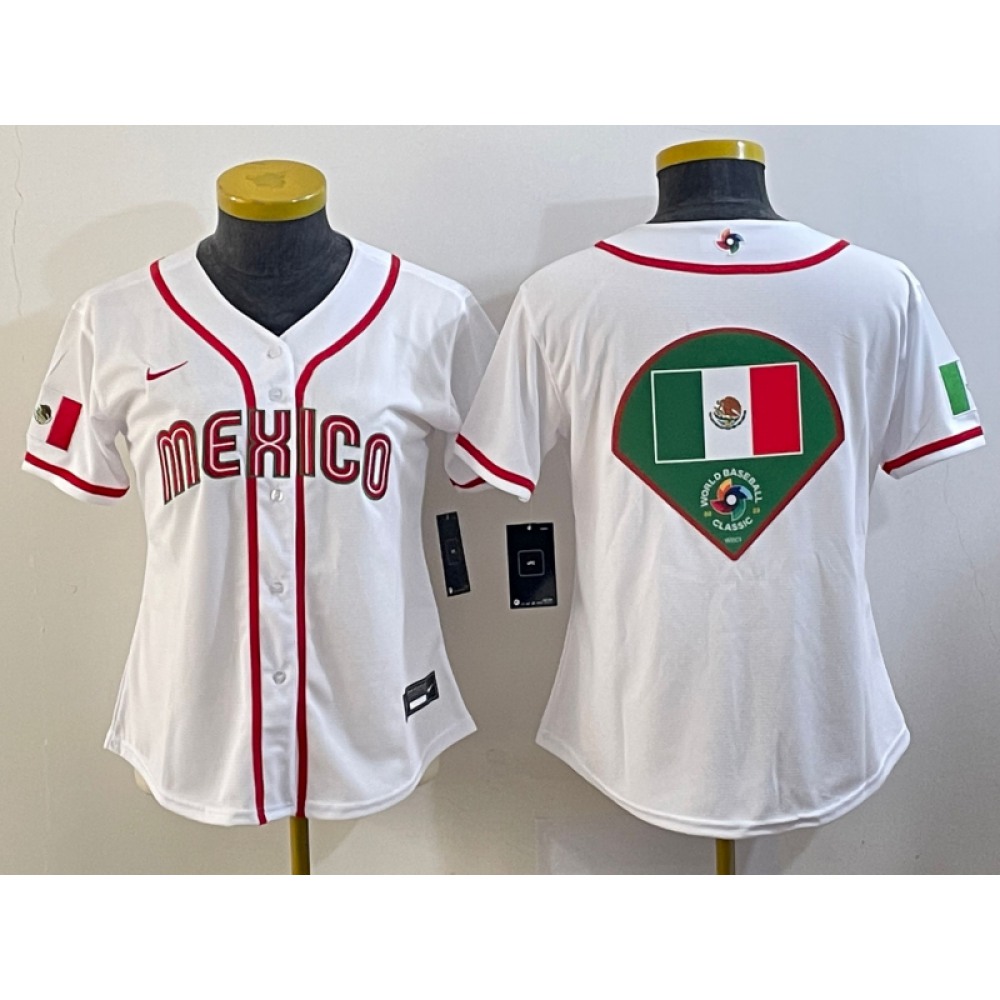 Women's Mexico Baseball 2023 White Big Logo World Baseball Classic Stitched Jersey(Run Small) 1