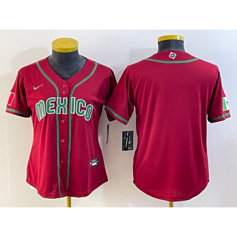 Women's Mexico Baseball Blank 2023 Red World Baseball Classic Stitched Jersey(Run Small) 1