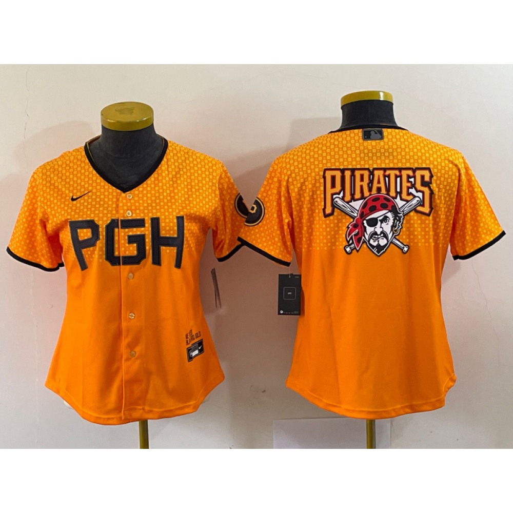 Women's Pittsburgh Pirates Gold 2023 City Connect Team Big Logo Stitched Jersey 1