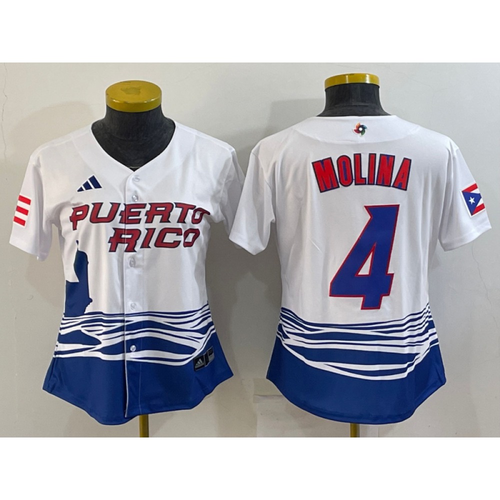 Women's Puerto Rico Baseball #4 Yadier Molina 2023 White World Baseball Classic Stitched Jersey(Run Small) 1