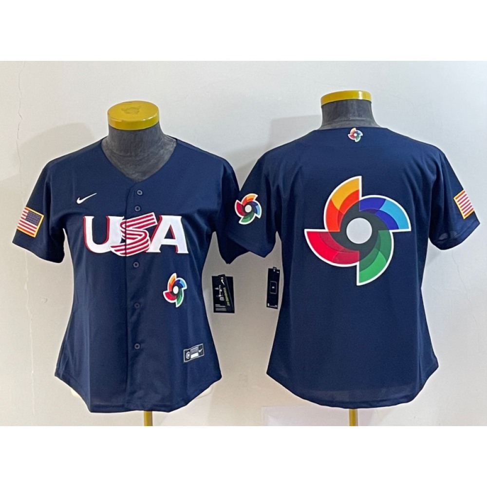 Women's USA Baseball 2023 Navy Big Logo With Patch World Baseball Classic Stitched Jersey(Run Small) 1