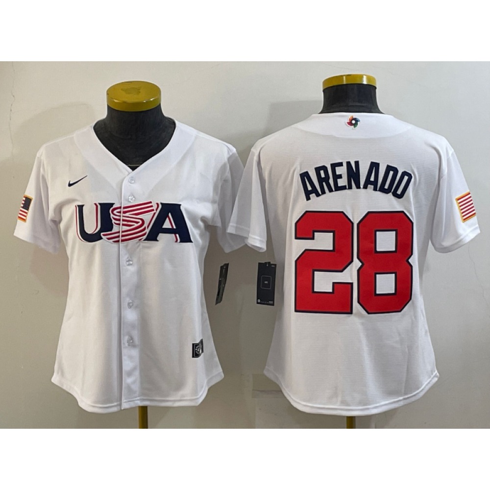 Women's USA Baseball #28 Nolan Arenado 2023 White World Baseball Classic Stitched Jersey(Run Small) 1