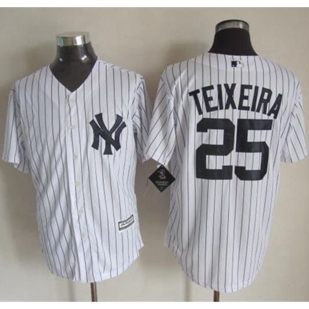 Yankees #25 Mark Teixeira White Strip New Cool Base Stitched MLB Jersey 1