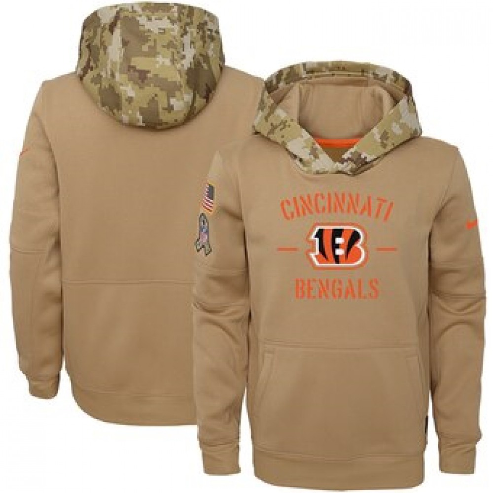 Youth Cincinnati Bengals Khaki 2019 Salute to Service Therma Pullover Hoodie 1