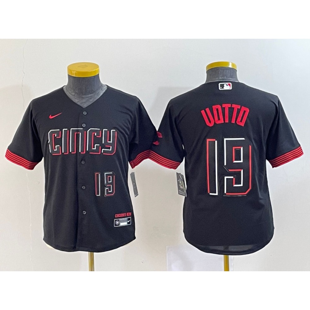 Youth Cincinnati Reds #19 Joey Votto Black 2023 City Connect With Patch Stitched Baseball Jersey 1