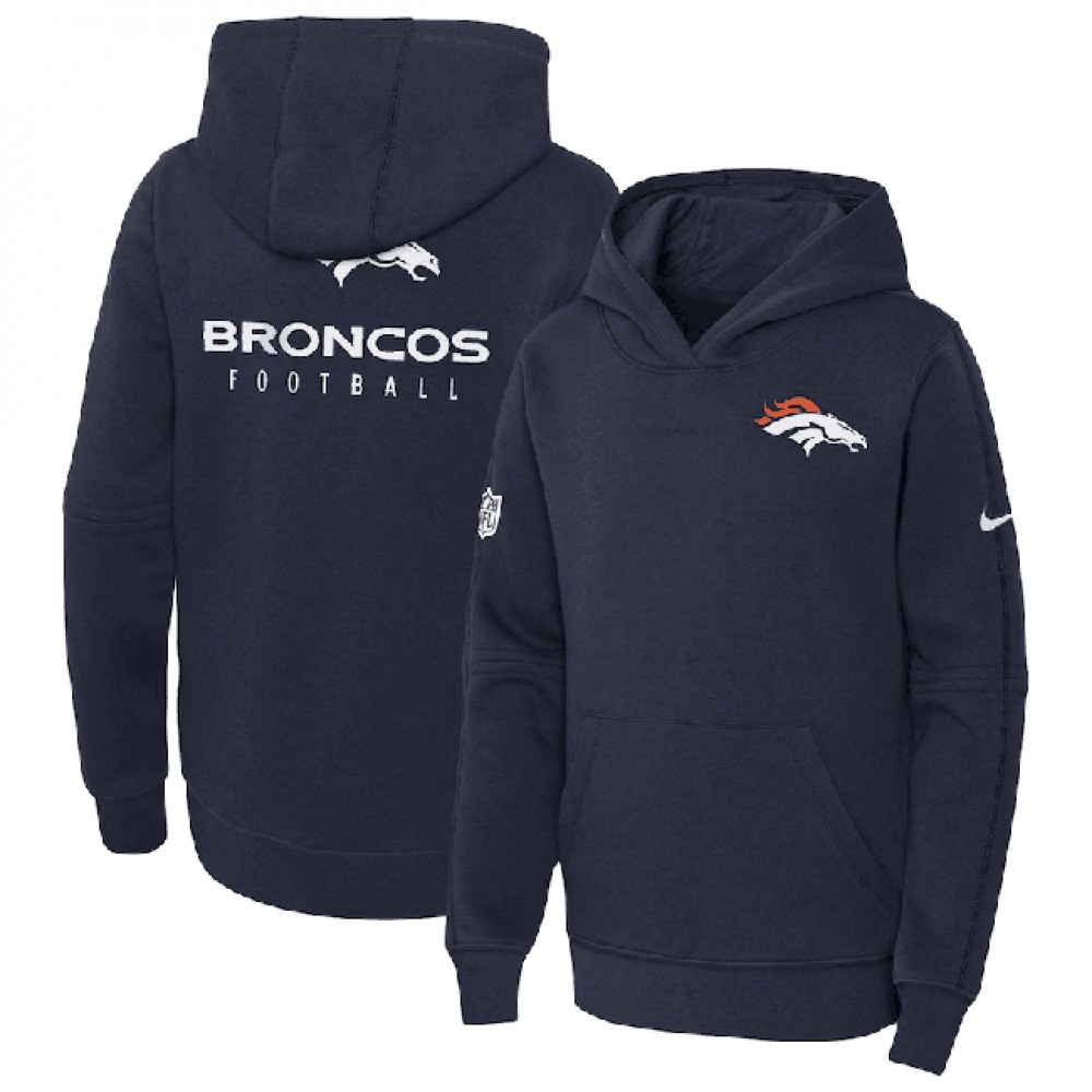 Youth Denver Broncos Navy Sideline Club Fleece Pullover Hoodie 1
