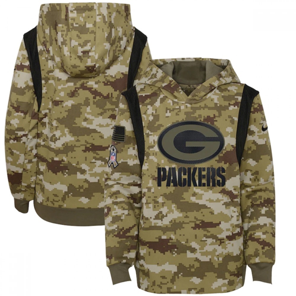 Youth Green Bay Packers 2021 Camo Salute To Service Therma Performance Pullover Hoodie 1