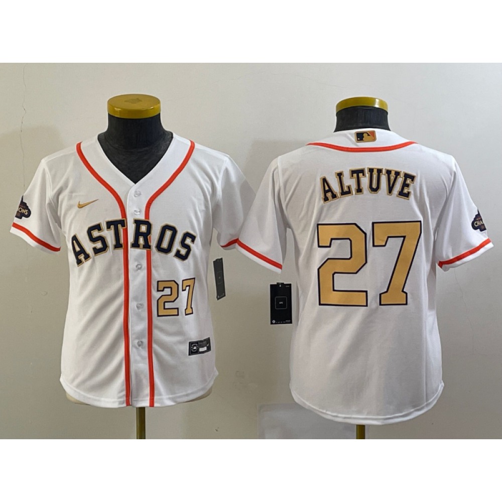 Youth Houston Astros #27 Jose Altuve White 2023 Gold Collection With World Serise Champions Patch Stitched Baseball Jersey 1