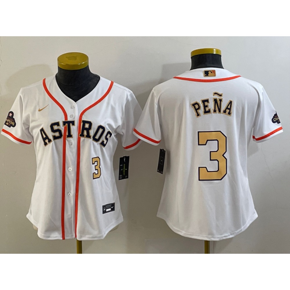 Youth Houston Astros #3 Jeremy Pena White 2023 Gold Collection With World Serise Champions Patch Stitched Baseball Jersey 1