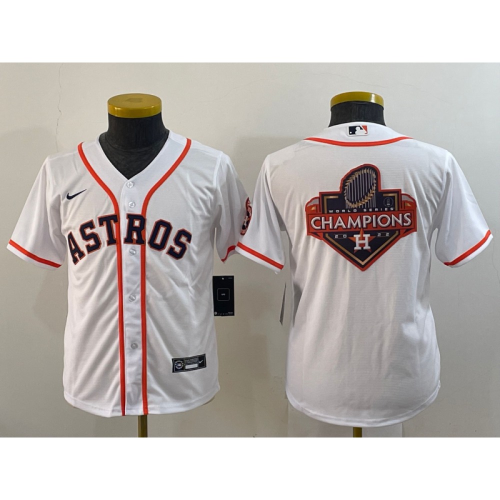 Youth Houston Astros White 2022 World Series Champions Team Big Logo With Patch Cool Base Stitched Jersey 1