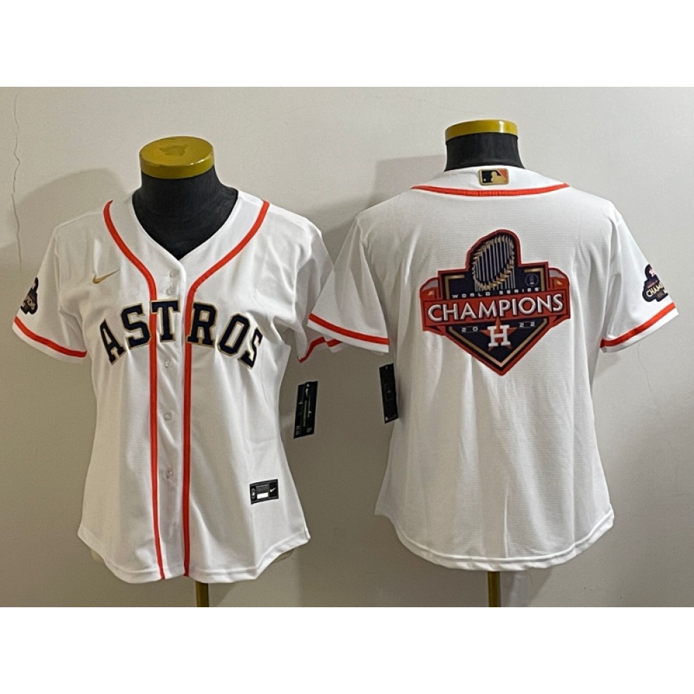 Youth Houston Astros White 2023 Gold Collection With World Serise Champions Patch Team Big Logo Stitched Baseball Jersey 1
