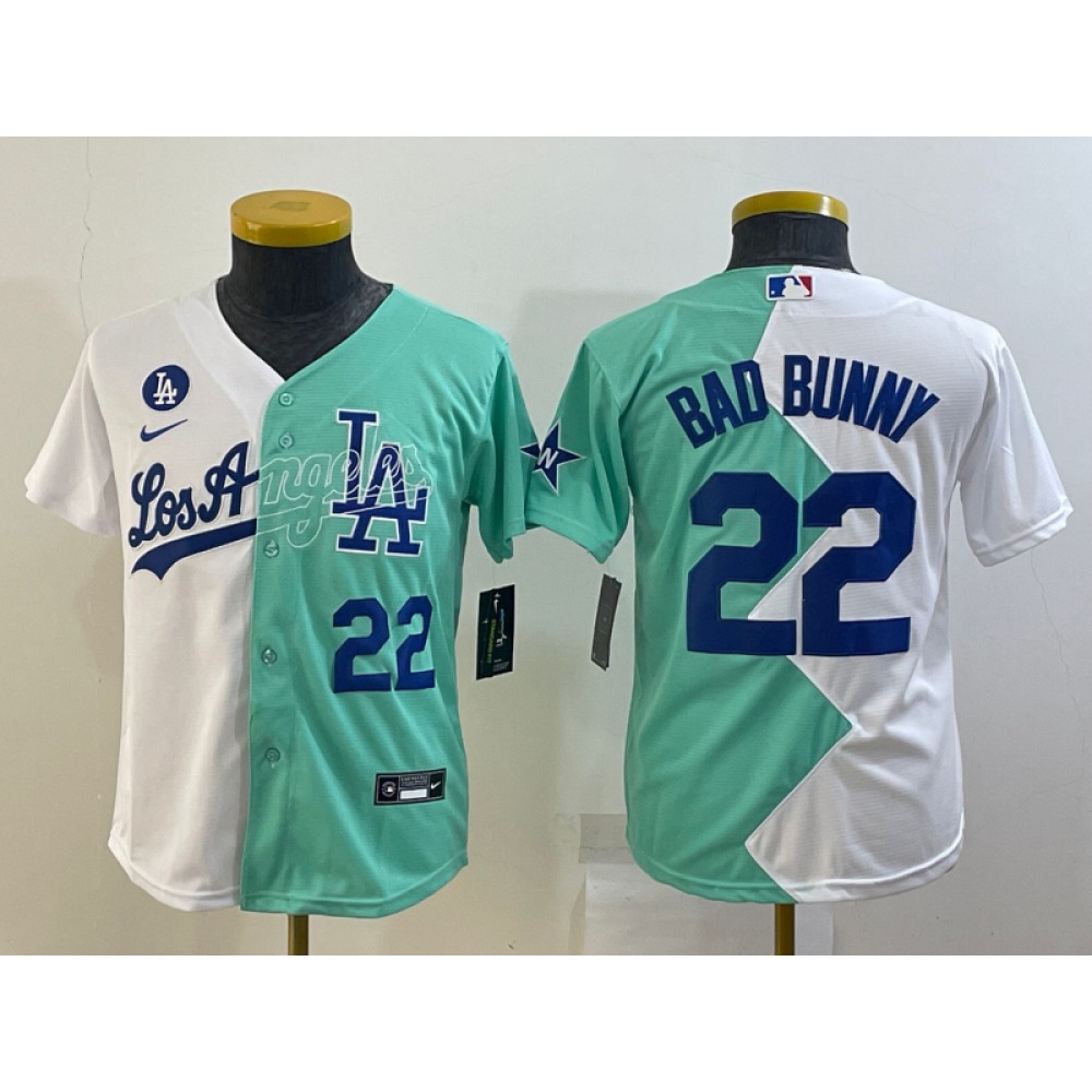 Youth Los Angeles Dodgers #22 Bad Bunny 2022 All-Star White/Green Split Stitched Jersey 1