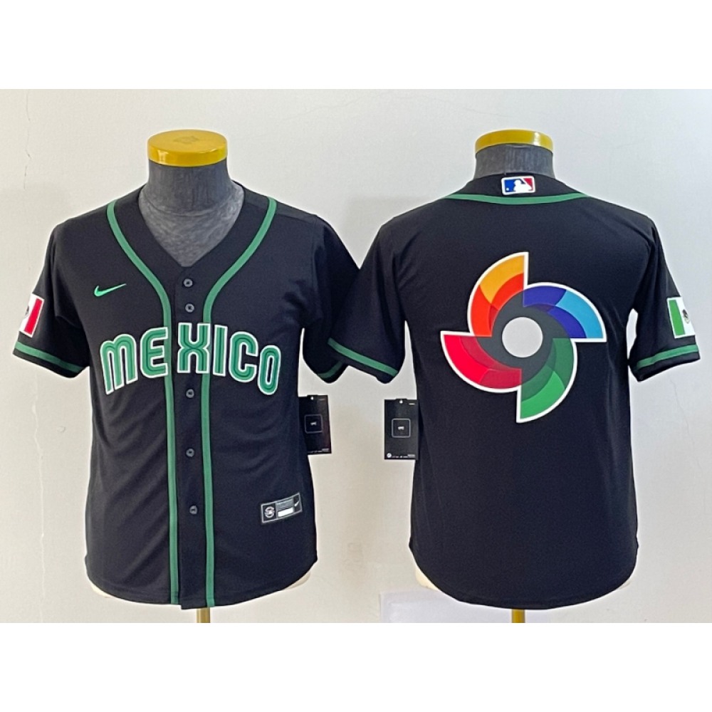 Youth Mexico Baseball 2023 Black Big Logo World Baseball Classic Stitched Jersey 1
