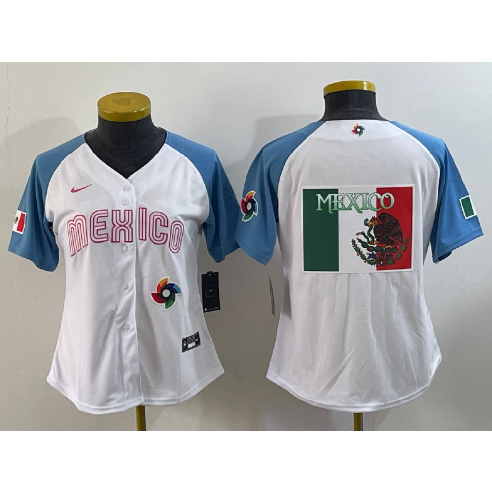Youth Mexico Baseball 2023 White Blue Big Logo World Baseball Classic With Patch Stitched Jersey 1