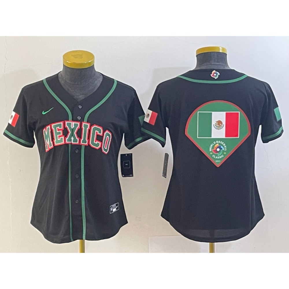 Youth Mexico Baseball Blank 2023 Black World Baseball With Big Logo Classic Stitched Jersey 1