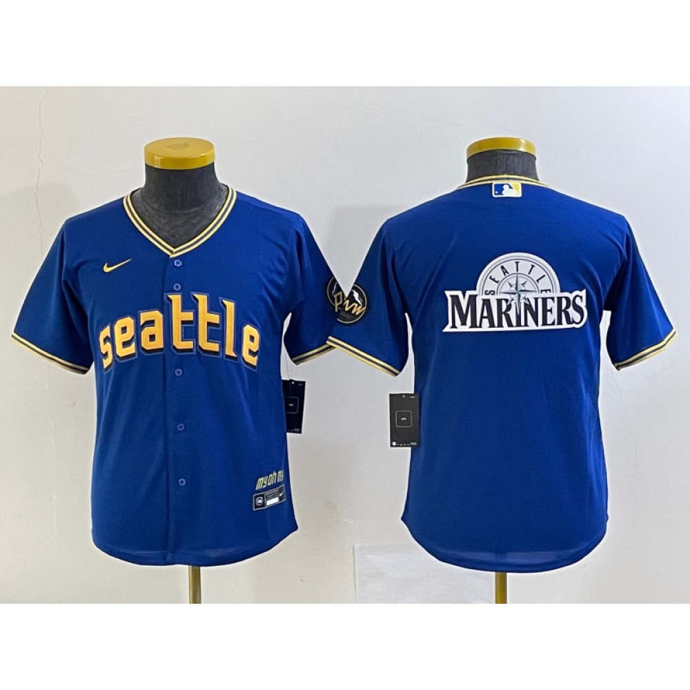 Youth Seattle Mariners Royal 2023 City Connect Team Big Logo Stitched Baseball Jersey 1