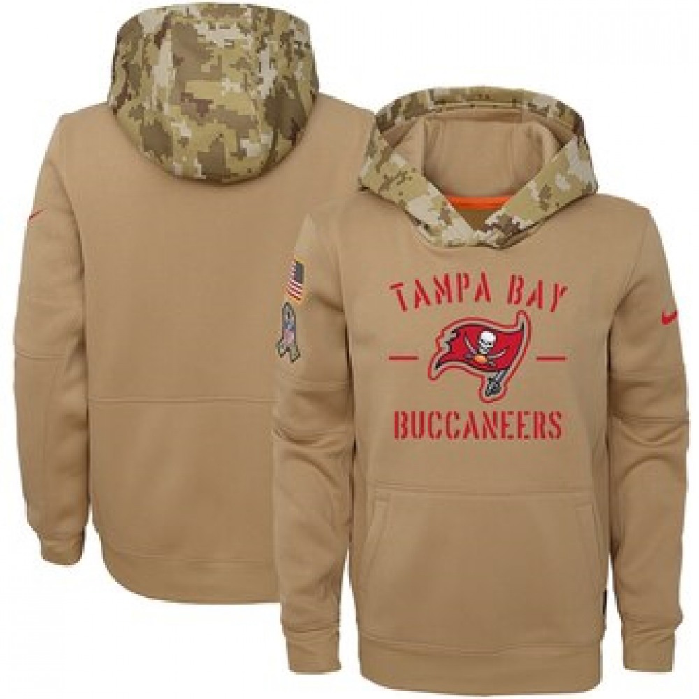 Youth Tampa Bay Buccaneers Khaki 2019 Salute to Service Therma Pullover Hoodie 1