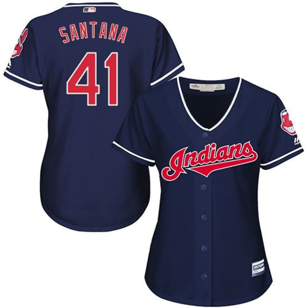 indians #41 Carlos Santana Navy Blue Women's Alternate Stitched MLB Jersey 1