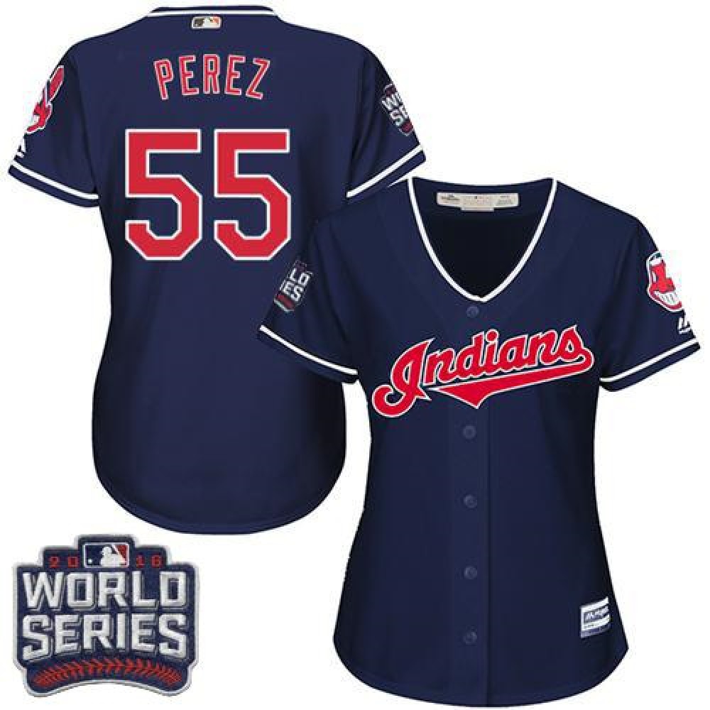 indians #55 Roberto Perez Navy Blue 2016 World Series Bound Women's Alternate Stitched MLB Jersey 1